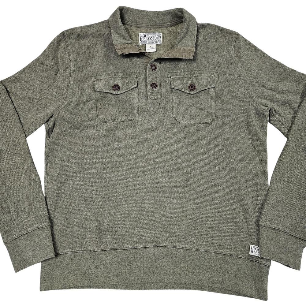 Lucky Brand Polo Shirt Large Green Long Sleeve Pullover Utility Minimalist
